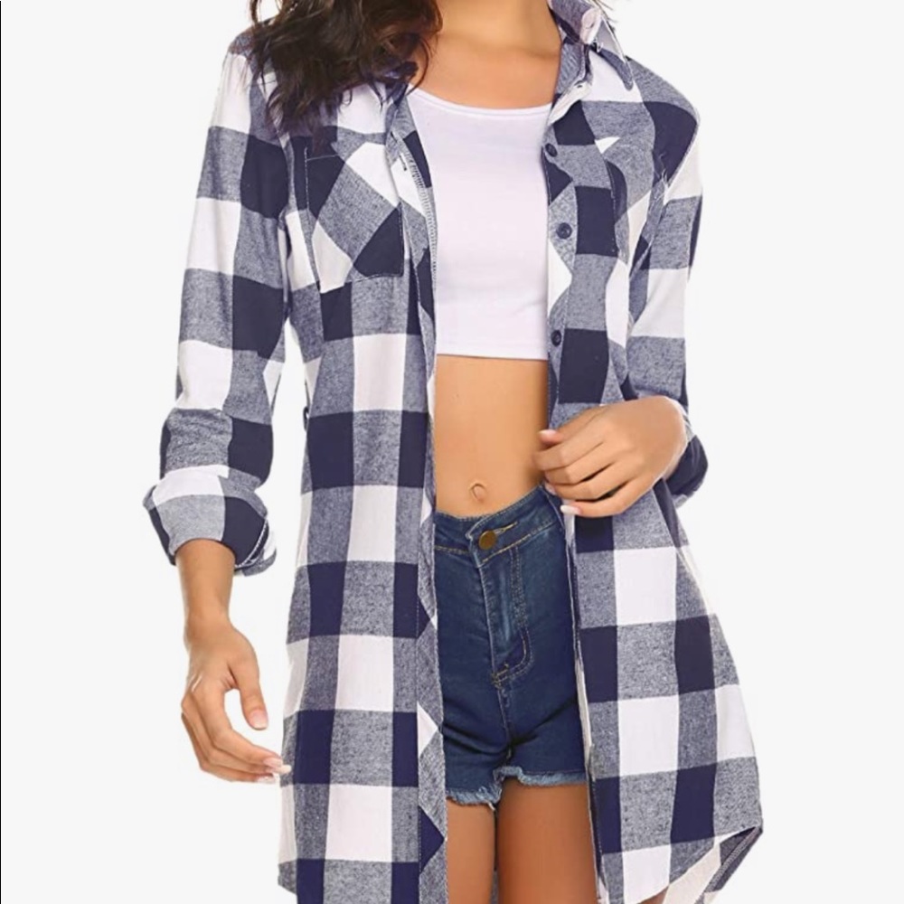 Blue Plaid Long Sleeve TShirt Dress - Size Medium